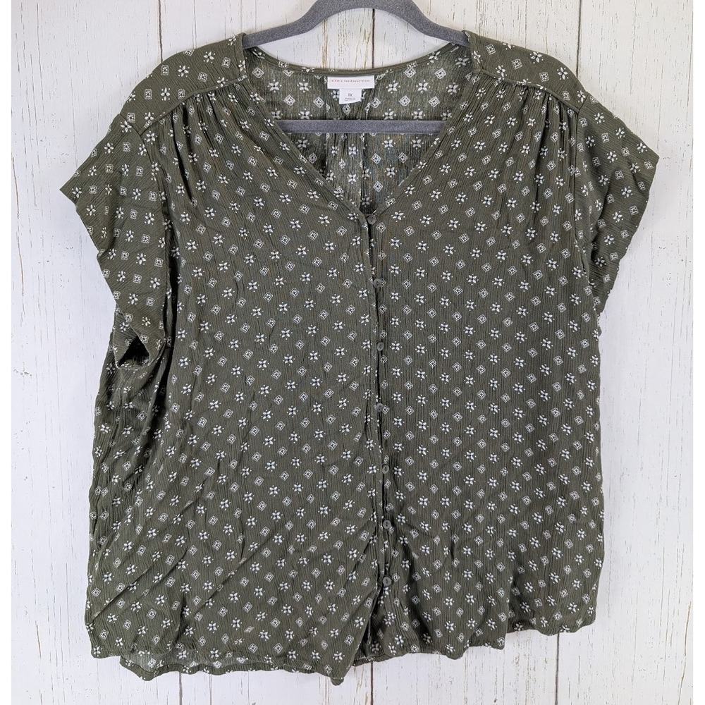 Liz Claiborne Plus Size 1X Womens Green Print‎ Short Sleeve Button Up Top